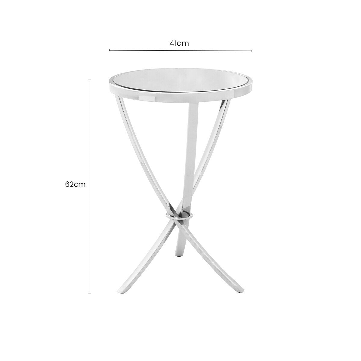 Silver Mirrored Glass Top Round Side Table with Bow-Shaped Metal Legs | Allure