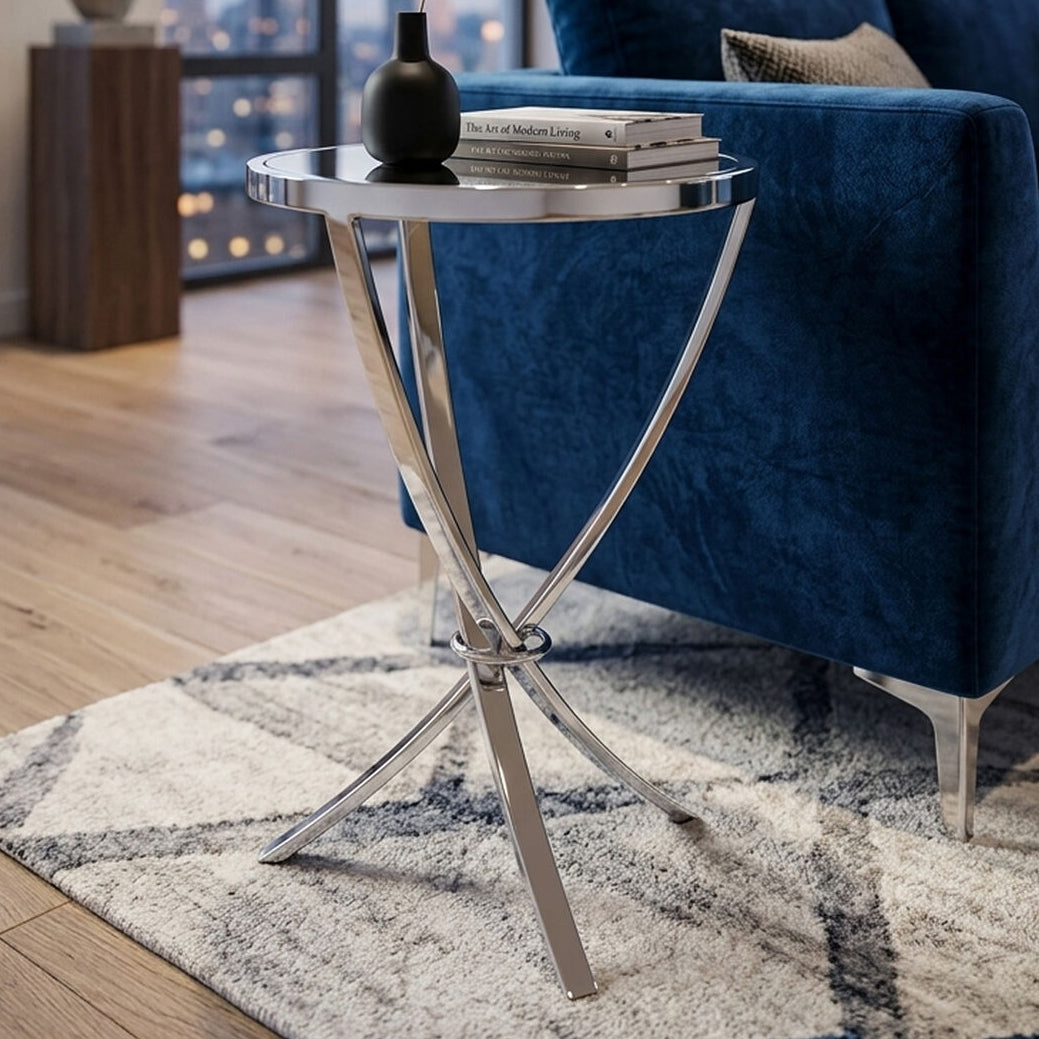 Silver Mirrored Glass Top Round Side Table with Bow-Shaped Metal Legs | Allure