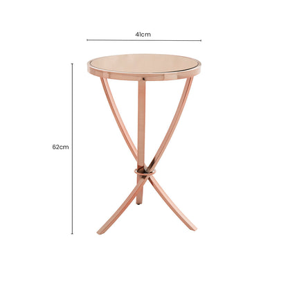 Rose Gold Mirrored Glass Top Round Side Table with Bow-Shaped Metal Legs | Allure