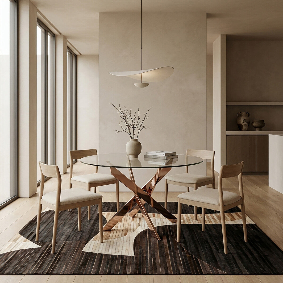 Round Tempered Glass Top Dining Table with Rose Gold Latticed Legs | Allure