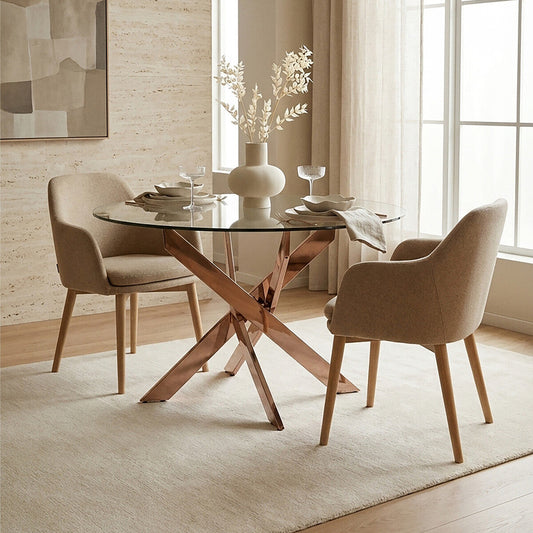Round Tempered Glass Top Dining Table with Rose Gold Latticed Legs | Allure