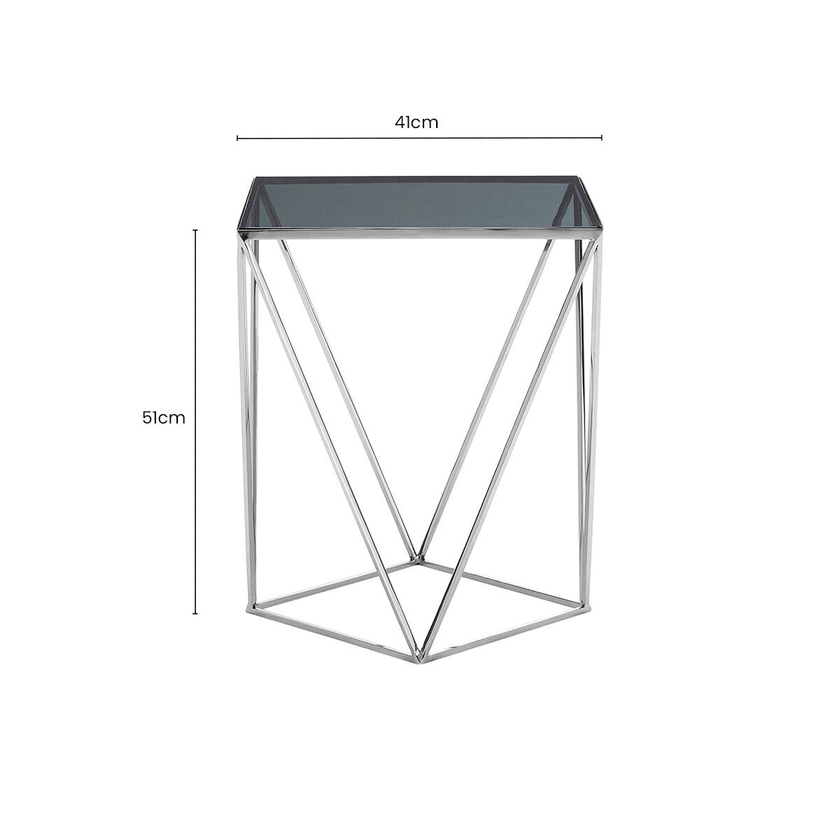 Black Square Tempered Glass Top Prism Side Table with Polished Stainless Steel Base | Shalimar