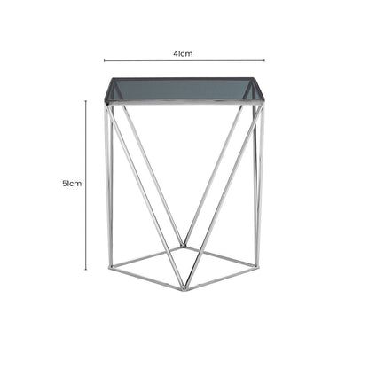 Black Square Tempered Glass Top Prism Side Table with Polished Stainless Steel Base | Shalimar