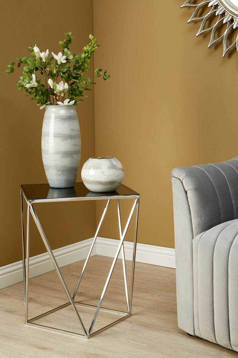 Black Square Tempered Glass Top Prism Side Table with Polished Stainless Steel Base | Shalimar