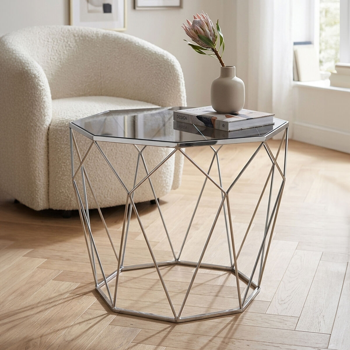 Silver Tempered Glass Top Octagonal Side Table with Stainless Steel Legs | Shalimar