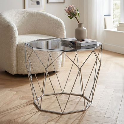 Silver Tempered Glass Top Octagonal Side Table with Stainless Steel Legs | Shalimar