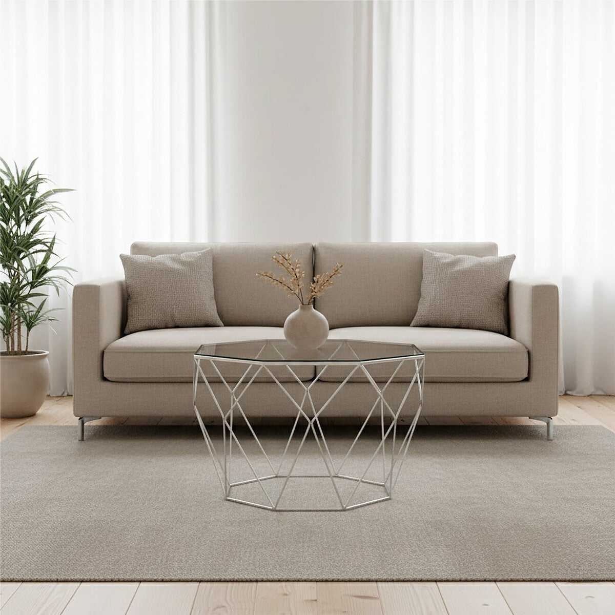 Tempered Glass Top Octagonal Coffee Table with Silver Metal Base | Shalimar