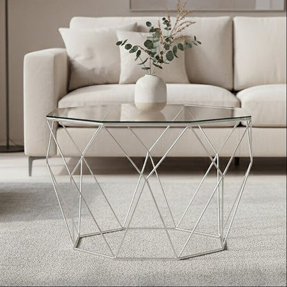 Tempered Glass Top Octagonal Coffee Table with Silver Metal Base | Shalimar
