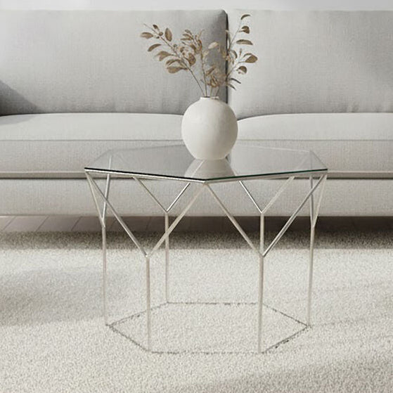 Pentagonal Silver Glass Top and Steel Base Coffee Table | Shalimar