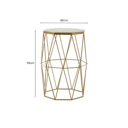 White Marble Top Octagonal Side Table with Gold Metal Open Frame | Shalimar