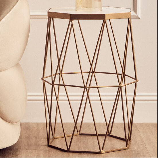 White Marble Top Octagonal Side Table with Gold Metal Open Frame | Shalimar