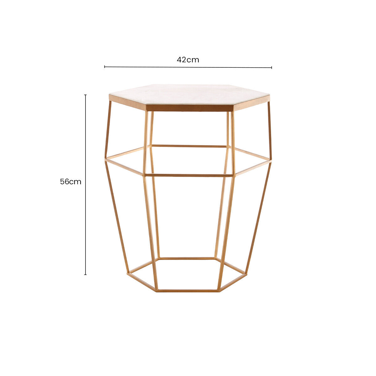 Hexagonal White Marble Top Side Table with Gold Iron Wireframe Base | Shalimar