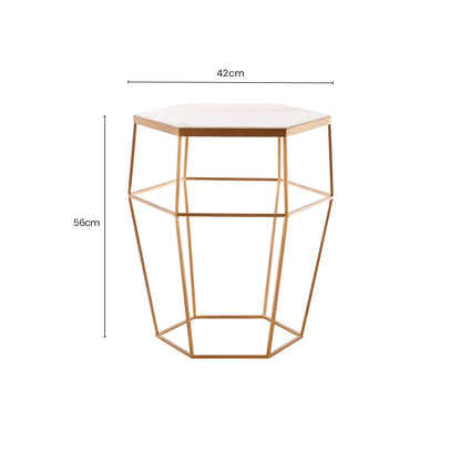 Hexagonal White Marble Top Side Table with Gold Iron Wireframe Base | Shalimar