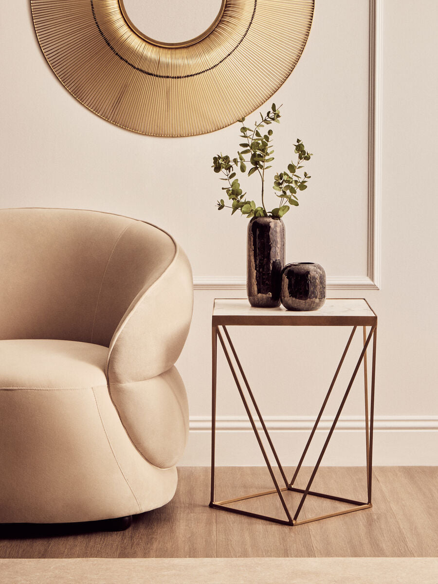 Natural Round Marble Top Side Table with Geometric Gold Metallic Base | Shalimar