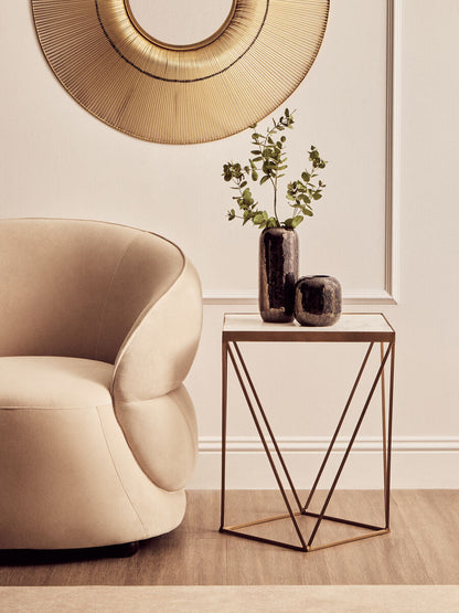Natural Round Marble Top Side Table with Geometric Gold Metallic Base | Shalimar