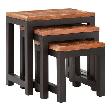 Artisan Set of Three Acacia Wood and Metal Nesting Tables