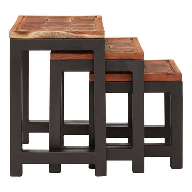 Artisan Set of Three Acacia Wood and Metal Nesting Tables