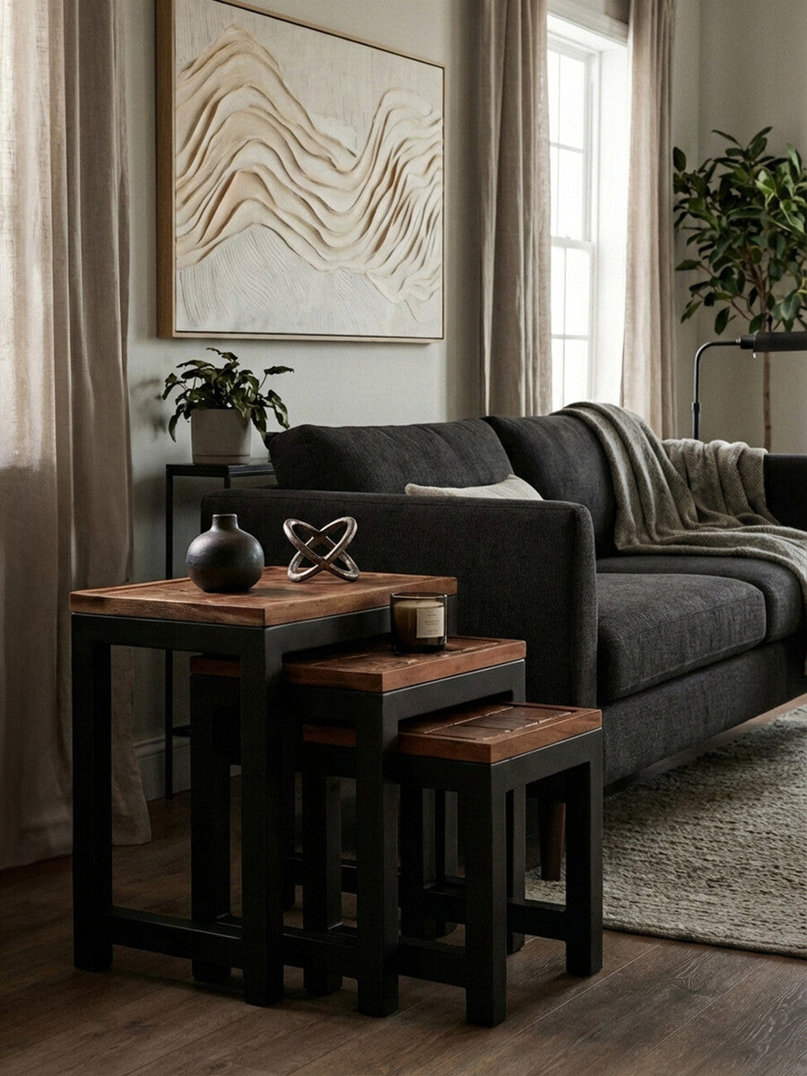 Natural Wood Top Nesting Tables Set of 3 with Black Metal Legs | Artisan
