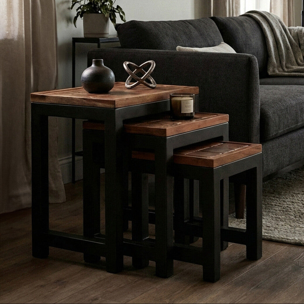 Natural Wood Top Nesting Tables Set of 3 with Black Metal Legs | Artisan