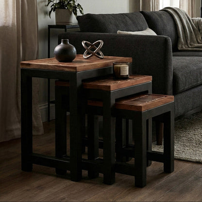 Natural Wood Top Nesting Tables Set of 3 with Black Metal Legs | Artisan