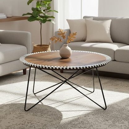 Natural Acacia Wood Coffee Table with Chevron Trim and Black Iron Hairpin Legs | Artisan