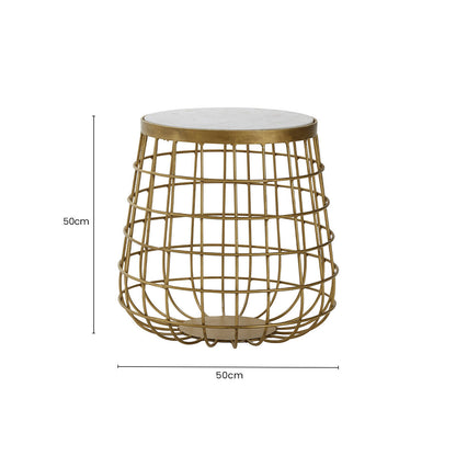 White Marble Top Side Table with Gold Brass Finish Latticed Metal Base | Nirav