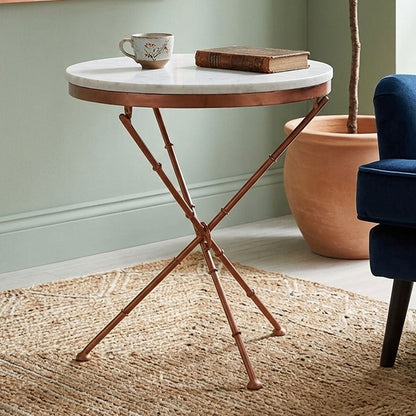 White Marble Top Cross Leg Table with Metal Finish | Nirav