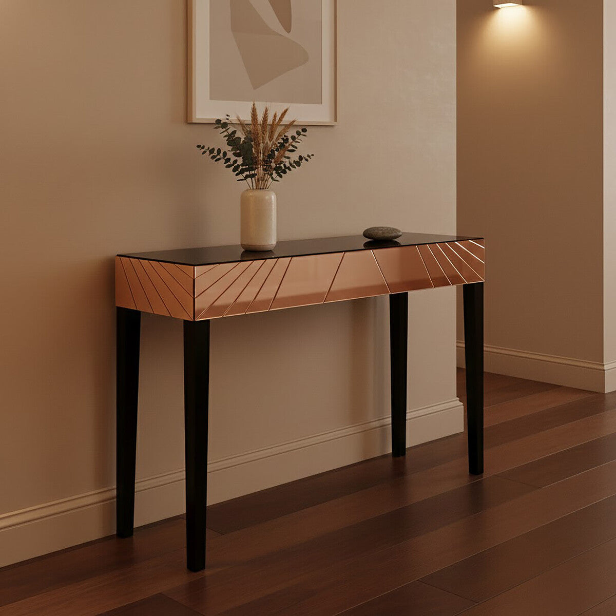 Rose Gold Mirrored Console Table with Sunburst Engraving and Black Legs | Kensington Townhouse