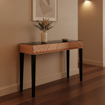 Rose Gold Mirrored Console Table with Sunburst Engraving and Black Legs | Kensington Townhouse