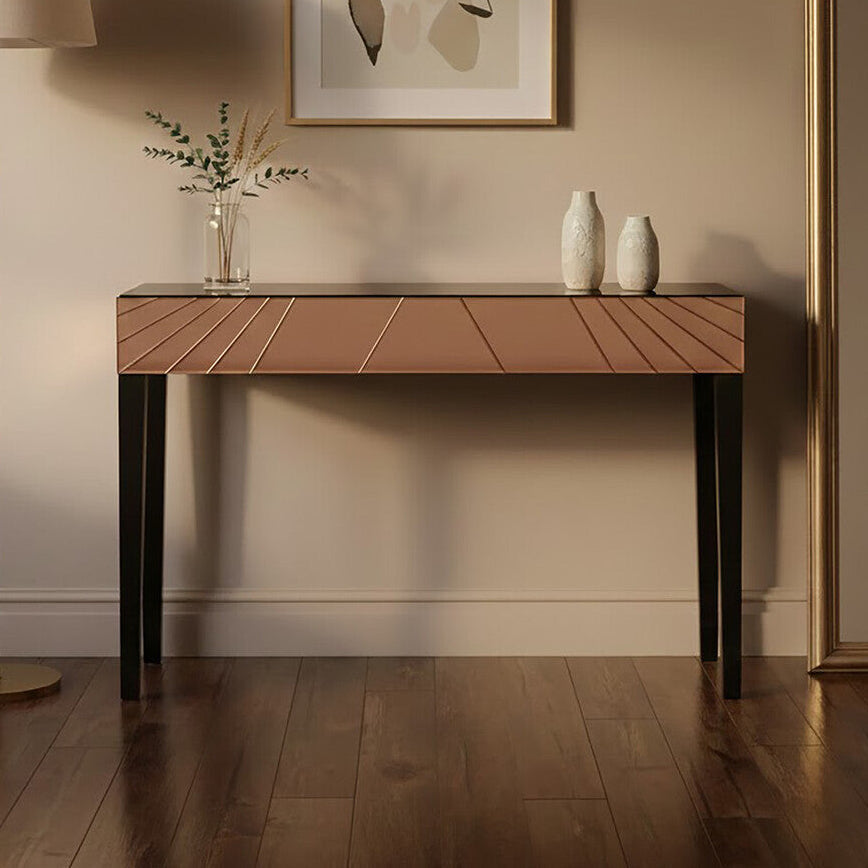 Rose Gold Mirrored Console Table with Sunburst Engraving and Black Legs | Kensington Townhouse