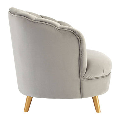 Orlina Grey Velvet Scalloped Curved Chair With Gold Wood Legs