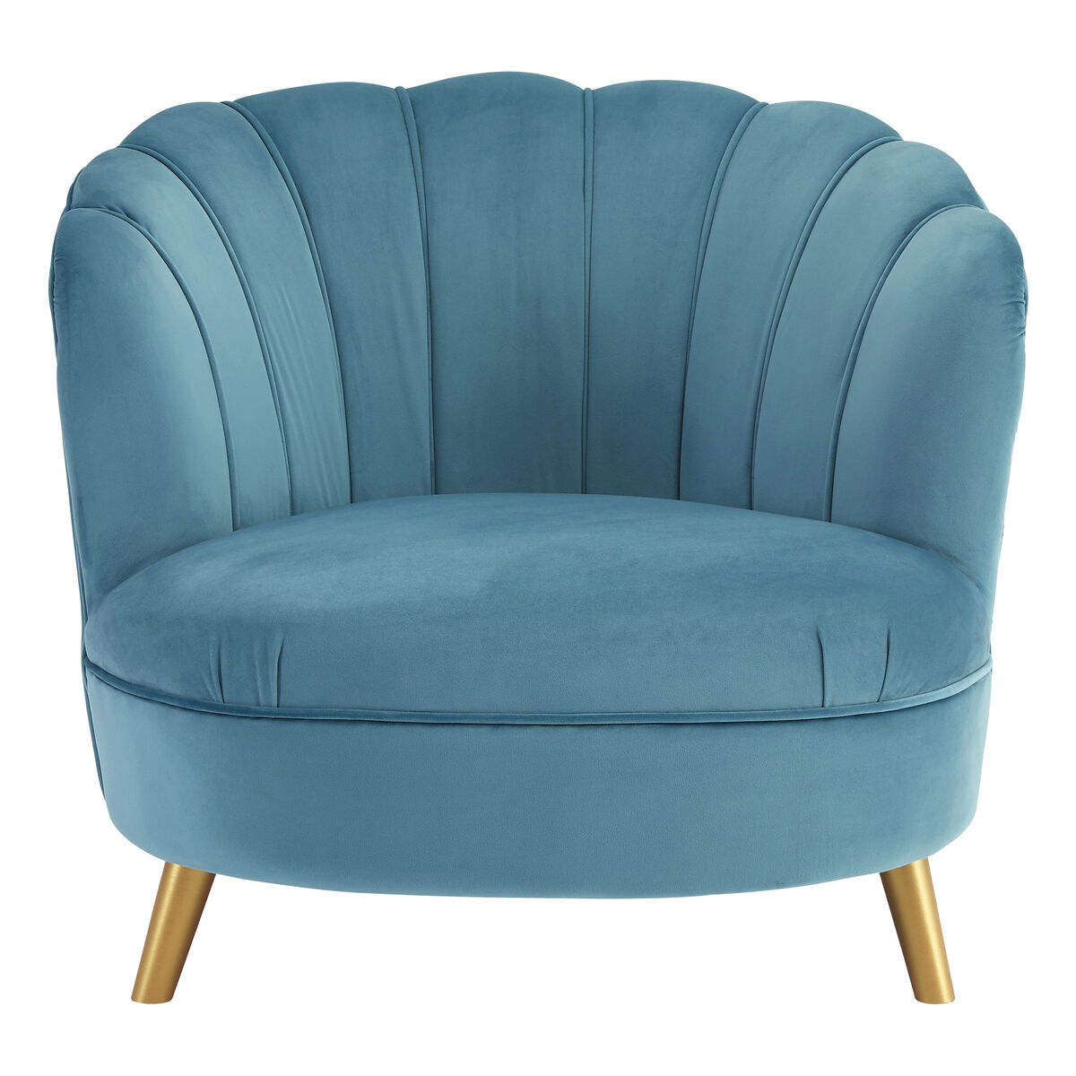 Orlina Blue Velvet Scalloped Curved Chair With Gold Wood Legs