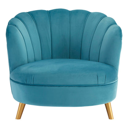 Orlina Blue Velvet Scalloped Curved Chair With Gold Wood Legs