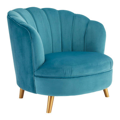 Orlina Blue Velvet Scalloped Curved Chair With Gold Wood Legs