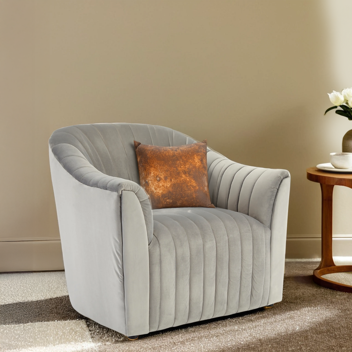 Opel Grey Velvet Armchair with Channel Tufted Detail