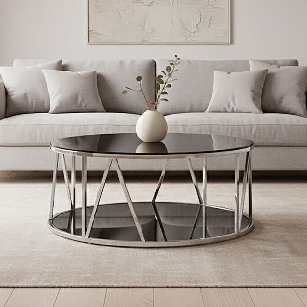 Alvaro Chrome Stainless Steel Coffee Table with Black Tempered Glass Top