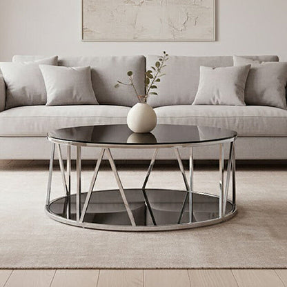 Alvaro Chrome Stainless Steel Coffee Table with Black Tempered Glass Top