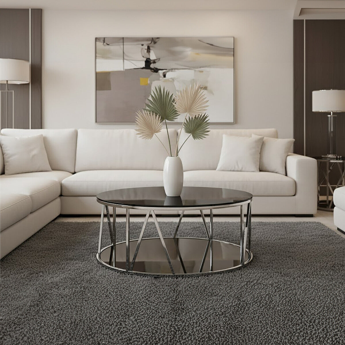 Alvaro Chrome Stainless Steel Coffee Table with Black Tempered Glass Top