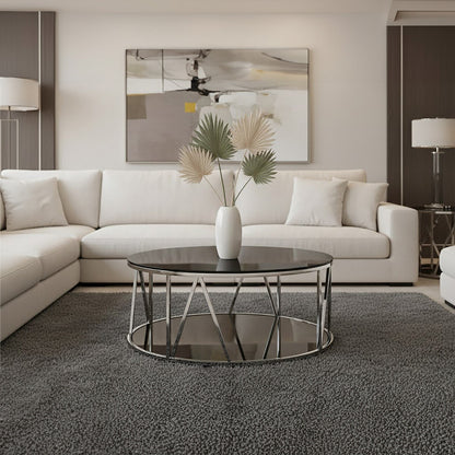 Alvaro Chrome Stainless Steel Coffee Table with Black Tempered Glass Top