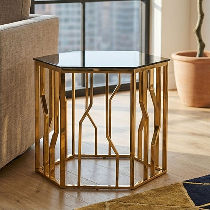 Alvaro Gold Stainless Steel Hexagonal Side Table with Black Glass Top