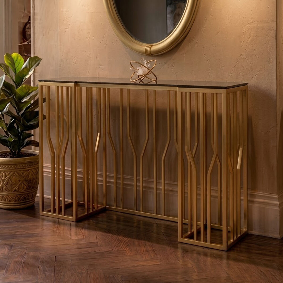 Alvaro Console Table In Gold And Black Glass Top