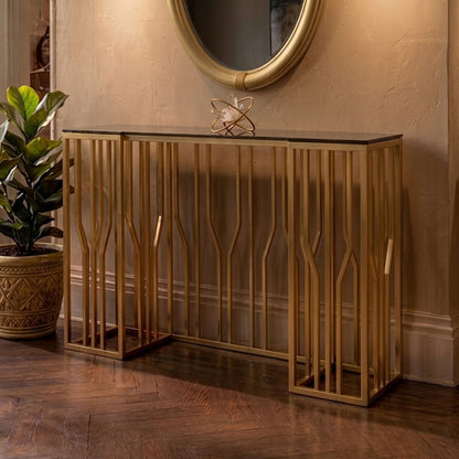 Alvaro Console Table In Gold And Black Glass Top