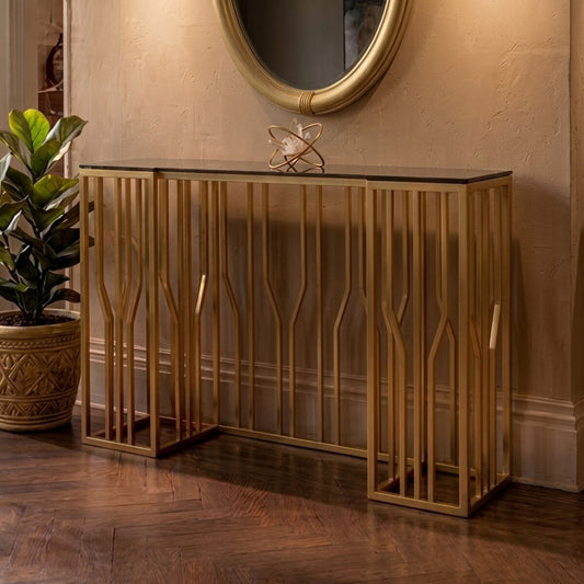 Alvaro Console Table In Gold And Black Glass Top