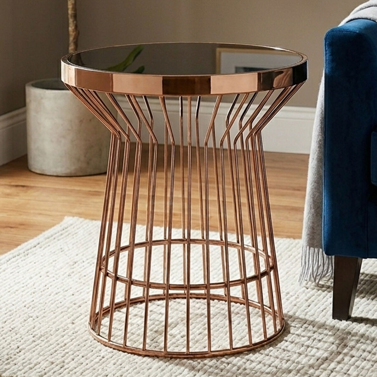 Alvaro Copper Stainless Steel Side Table with Black Glass Top