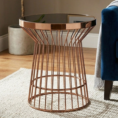 Alvaro Copper Stainless Steel Side Table with Black Glass Top