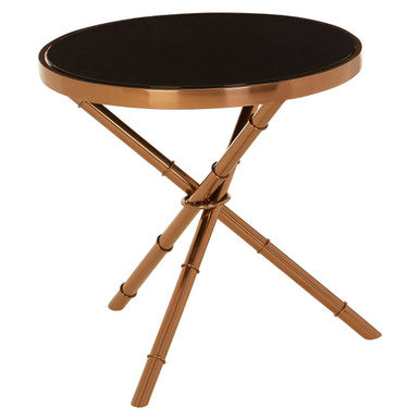 Alvaro Round Side Table With Rose Gold Legs And Black Glass Top