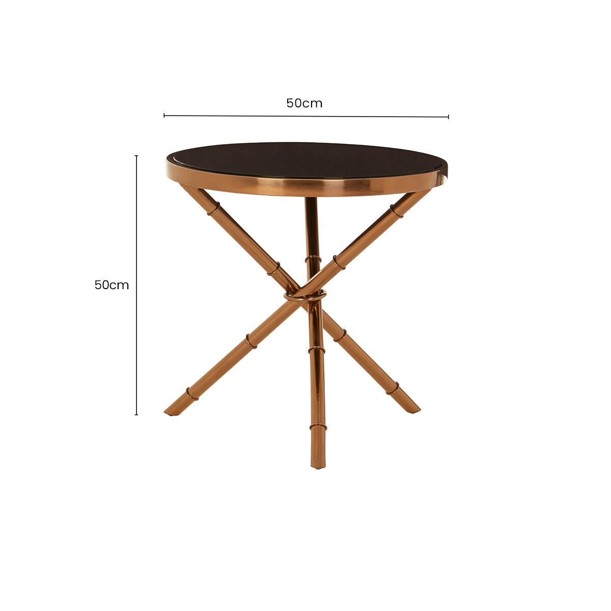 Alvaro Round Side Table With Rose Gold Legs And Black Glass Top