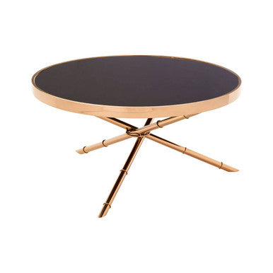 Alvaro Round Coffee Table With Rose Gold Legs And Black Glass Top