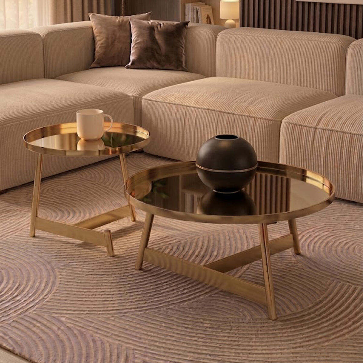 Alvaro Gold Metal Set of 2 Round Tables with Raised Rims