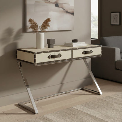 Hair-On-Leather Mango Wood Two-Drawer Console Table with Polished Stainless Steel Legs | Kensington Townhouse
